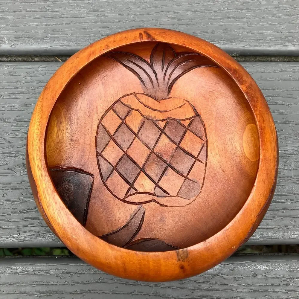 Vintage 60s 70s hand carved teak small wood bowl with carved pineapple, bohemian